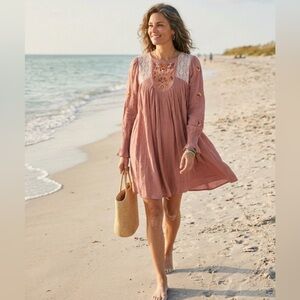 Umgee Embroidered Tunic Dress Large Boho Western Lace Yoke Lined Smocked Cuffs